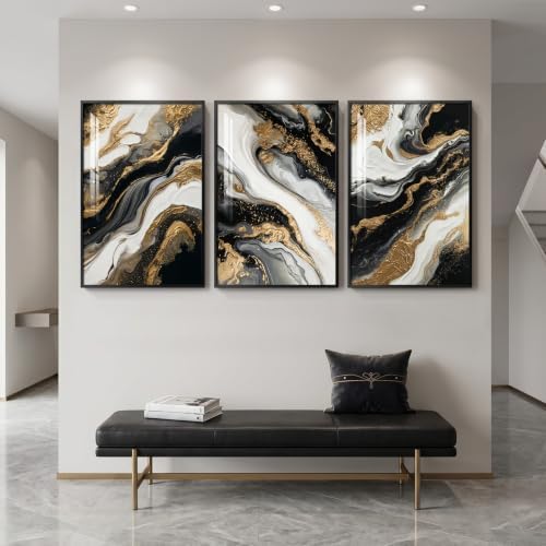 Large Framed Black Gold White Abstract Wall Art - Image 4