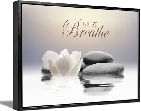 Framed-Zen White Lotus Wall Art, Just Breathe Bathroom Decor by KBIERQN