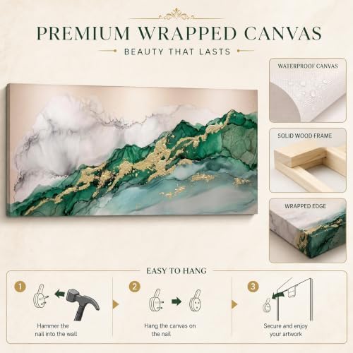 Anolyfi Emerald Green & Gold Modern Abstract Canvas Wall Art 40"x20" - Image 4
