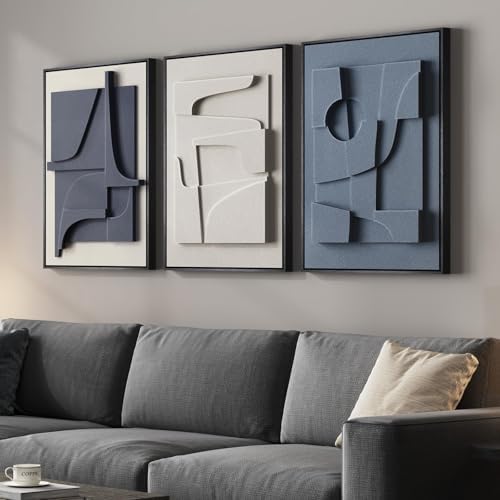 3D Textured Framed Blue and White Abstract Wall Art Set, 3 Piece, 16x24 In by Cuspin