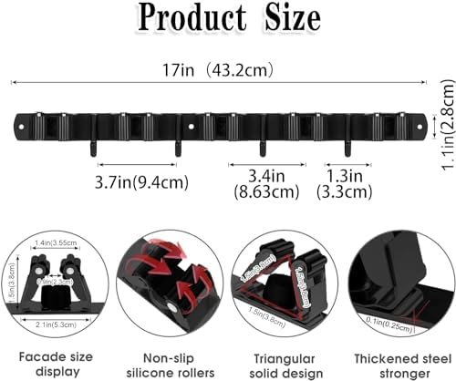 Black Broom Holder Wall Mount, 5 Racks 4 Hooks Mop and Broom Organizer - Image 3