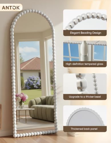 Antok 71" x 28" Arched Full Length Mirror, Antique Beaded Frame Floor Standing - Image 4