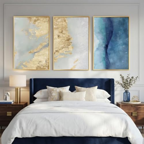 Large Framed Blue Gold Abstract Wall Art - Image 5