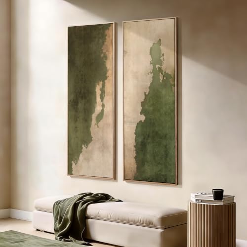 Large Framed Beige Green Abstract Vertical Wall Art - Image 4