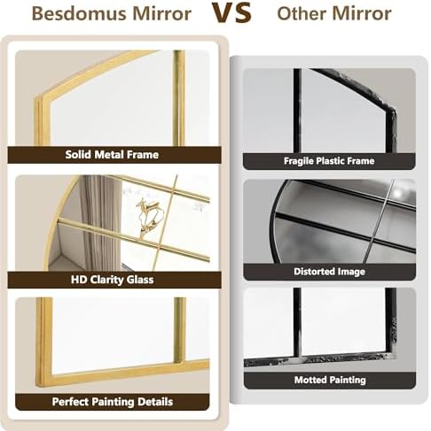 Besdomus Gold Wide Arched Mirror: 42"x28" Gilded Ornate Window Mirror - Image 5