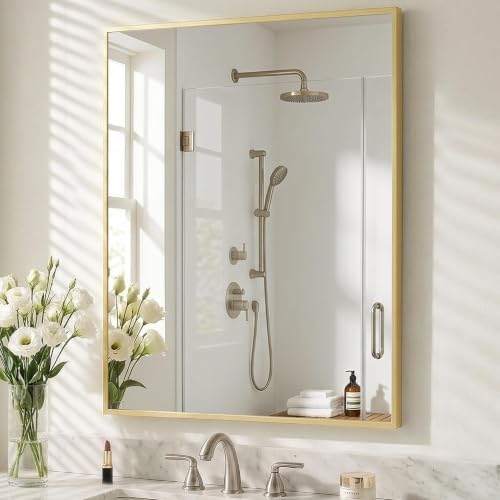 30"x36" Satin Gold Framed Rectangle Bathroom Vanity Wall Mirror by Pocetry
