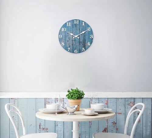 XFM Blue Farmhouse Wooden Wall Clock Battery Operated Silent - Image 3