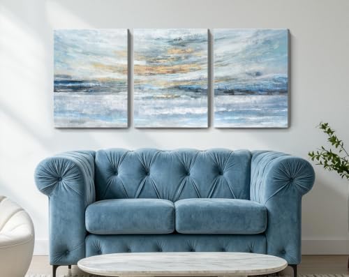 Nicetop Abstract Canvas Wall Art 3 Piece 12x16 Blue Yellow Ocean Set - Image 4