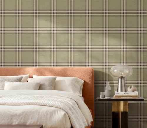 Olive Green Brown Plaid Peel and Stick Wallpaper Tartan Check Pattern - Image 4