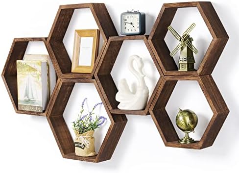 Hexagon Floating Shelves Set of 6 Farmhouse Honeycomb Wall Storage Shelf Wood by CADUKE