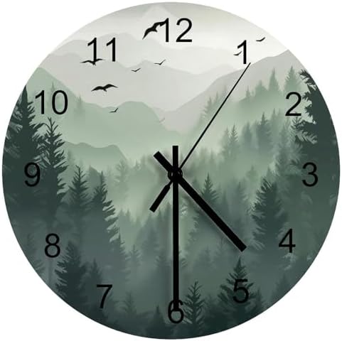 Forest Wall Clock Silent Non Ticking Battery Operated, Watercolor Green Forest by LOMADIA
