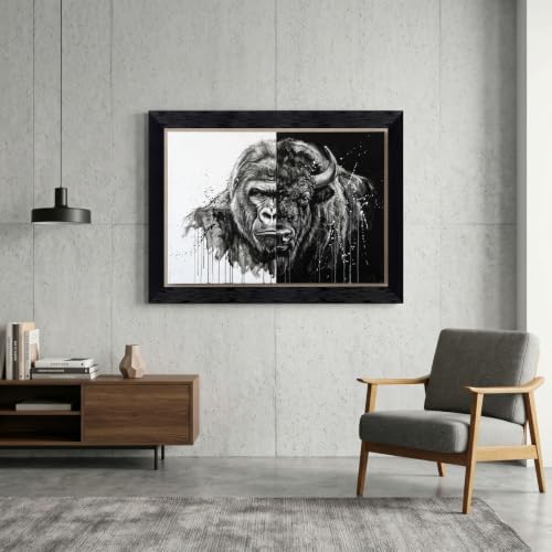 Framed Canvas Wall Art Monochromatic Mixed Media Gorilla and Bison Split View - Image 4