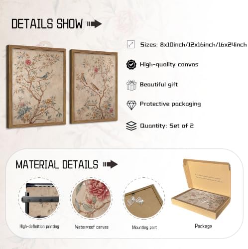 Vintage Floral Bird Wall Art Set of 2, Birds - Image 5