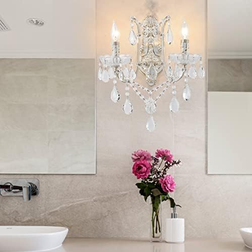 YLONG-ZS French Country Crystal Wall Sconce, 2-Light Distressed White Gold - Image 4
