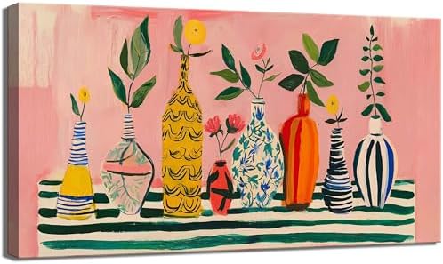 Vibrant Colorful Bottle Flower Canvas Wall Art Large Playful Retro Vase Floral by Rijkwrdwallart