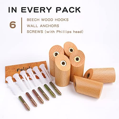 Felidio Wood Wall Hooks, 6 Pack Natural Wooden Coat Hooks Wall-Mounted - Image 5