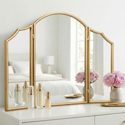 Besdomus Gold Scalloped Vanity Mirror: 36"x24" Three Sided Dresser Miror by Besdomus