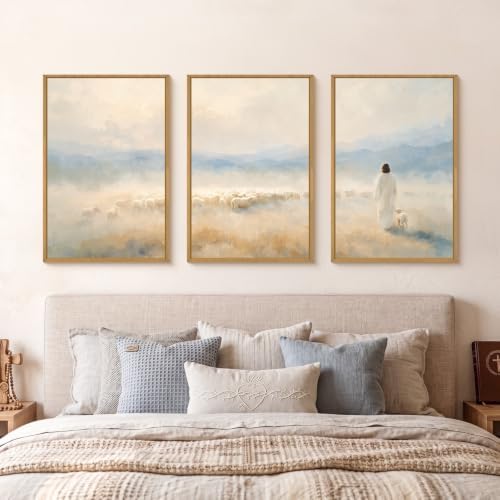 HOURIA Christian Jesus The Good Shepherd Framed Canvas Wall Art Set, Religious - Image 5
