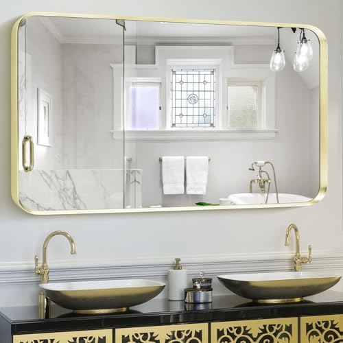 Gold Bathroom Mirror 30x55in, Metal Framed Rounded Rectangle Wall - Image 5