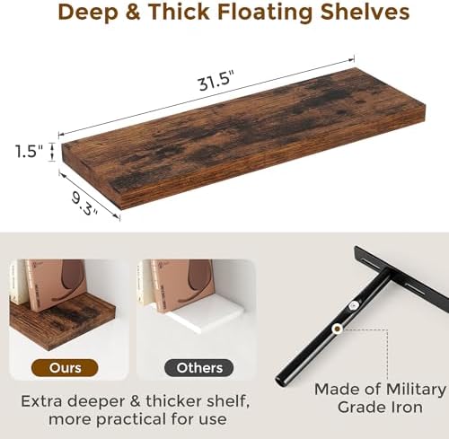 Fun Memories 32" W x 9.3" D Floating Shelves, Rustic Wood Deep Shelves - Image 3