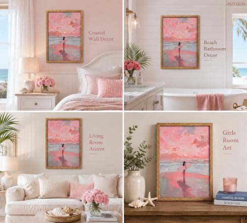 Framed Pink Surfer Girl Canvas Wall Art, Sunset Girly Picture Wall Decor - Image 6