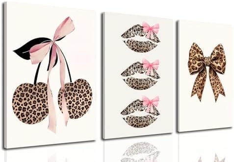 Framed Leopard Print Wall Art Set of 3, Cute Cherry Lips Bow Canvas Posters by Unknown