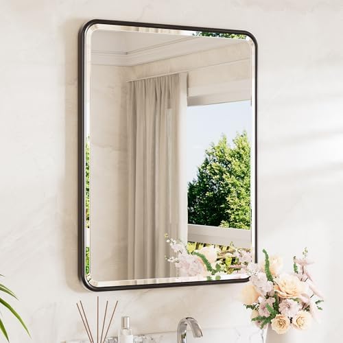 TETOTE Black Mirror for Bathroom 22 x 30 Beveled Edge Tempered Glass, Rounded by TETOTE