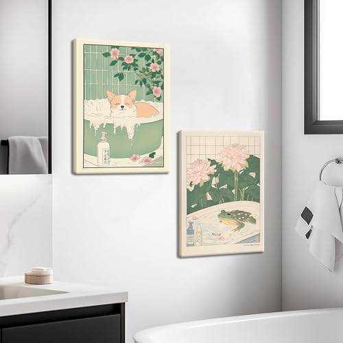 Framed Japanese Bathroom Wall Art Set of 2, Funny Japanese Bathroom Frog Dog - Image 4