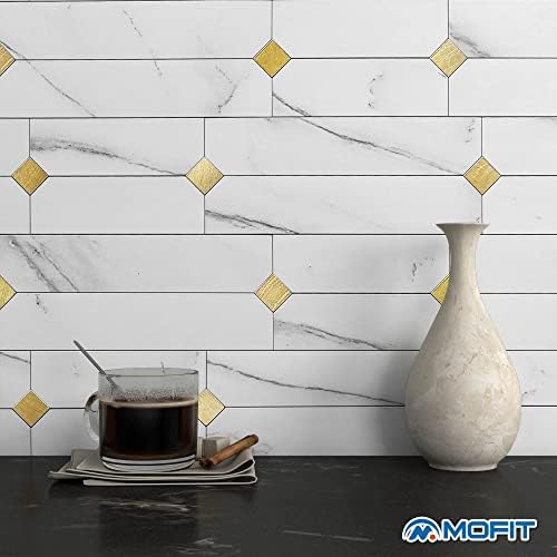 Stone Kitchen Wall Tiles Peel Stick Backsplash White Gold 10pcs - Image 3