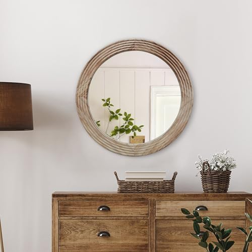 LOSOUR Round Mirror, Farmhouse Decor Solid Wood Frame Wall Circle Mirror - Image 7