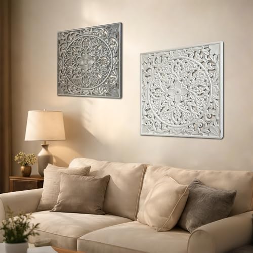 XIAOAIKA Boho Carved Wood Wall Art Panel, Floral Mandala, Distressed White - Image 7