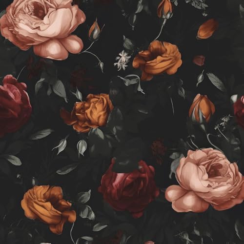 Laatse Gothic Black Orange Rose Floral Wallpaper Peel and Stick 17.5"x118" by Laatse