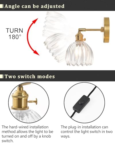 Plug in and Hardwired Wall Sconces, Luxury Vintage Tulip Crystal Glass Shade - Image 5