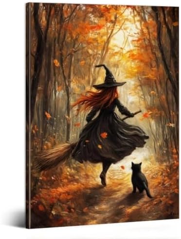Forest Witch Black Cat Canvas Wall Art, Autumn Halloween Witch Poster Decor by Unknown