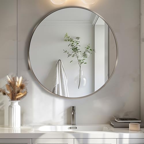 Sunniry 18 inch Round Mirror, Round Wall Mirror, Brushed Silver Metal Frame - Image 3