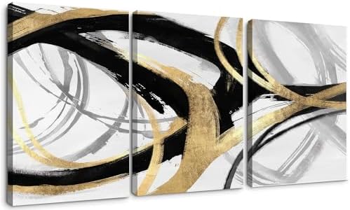 DUWQU Triptych Black Gold White abstract Lines Canvas Wall Art 16x24 in x3 by DUWQUCanvasWallArt