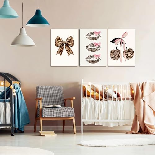 Framed Leopard Print Wall Art Set of 3, Cute Cherry Lips Bow Canvas Posters - Image 2
