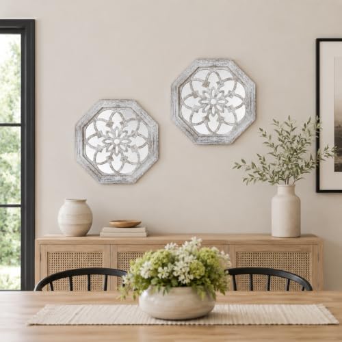 2 Pack 12 Inch Octagon Grey Rustic Wood Frame Acrylic Wall Mirrors, Farmhouse - Image 2