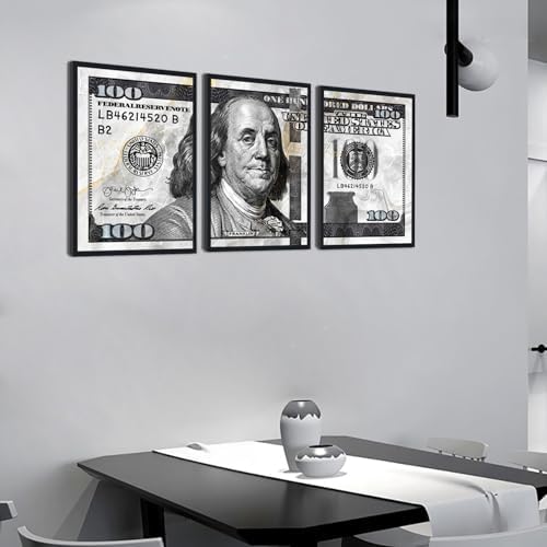 Black and White Canvas Wall Art Benjamin Franklin 100 Dollar Money Painting 3 - Image 3