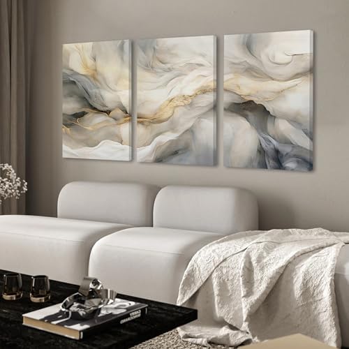 EJPFOGV Triptych Grey White Gold Wrapped Canvas Wall Art 20x30 inches x3 - Image 4