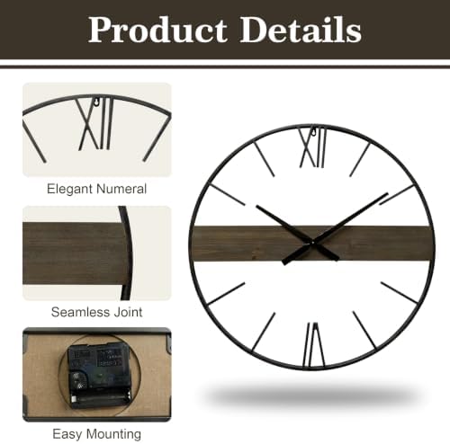 30 Inch Large Modern Wall Clock Oversized Rustic Wood Metal Frame Silent - Image 4