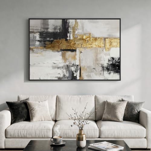 Extra Large Framed Black White Gold Abstract Wall Art, Vertical 40x60 In - Image 2