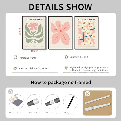 Yaneiro Pink Flower Market Wall Art Set of 3, Colorful Wildflowers Floral - Image 5