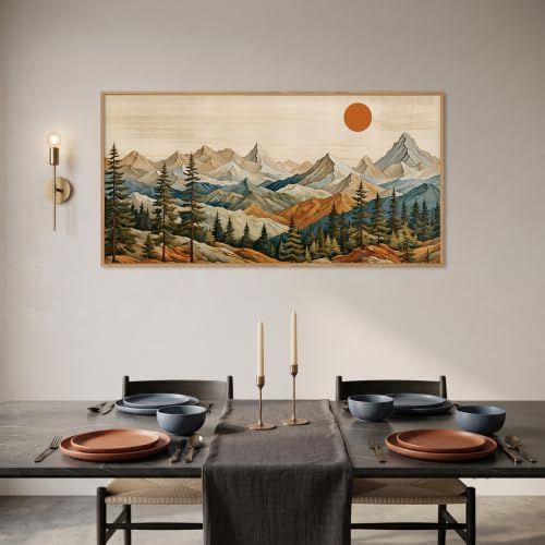 Boho Mountain Woodcut Framed Canvas Wall Art 20"X40" - Image 3