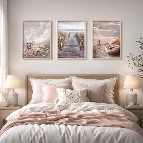 Beach Canvas Wall Art Neutral Coastal Canvas Pictures Vintage Bicycle Wooden - Image 3