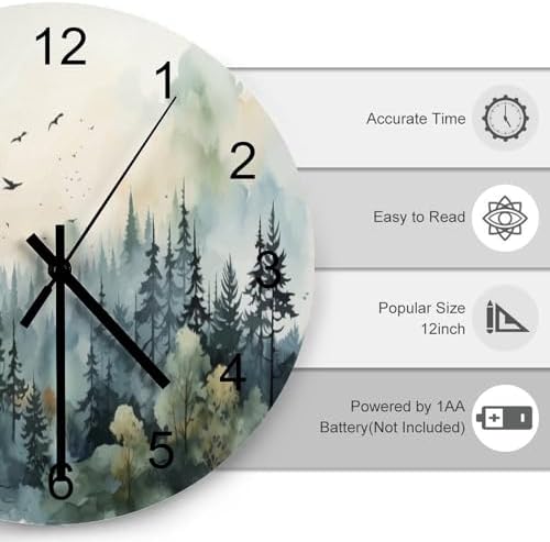 Forest Wall Clock 12 Inch Silent Non Ticking Clock Wooden, Watercolor Style - Image 3