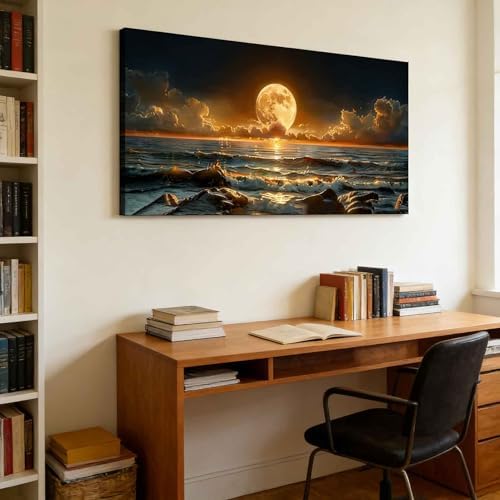 Giant Full Moon Ocean Night Canvas Wall Art Large Gilded Waves Landscape Decor - Image 4