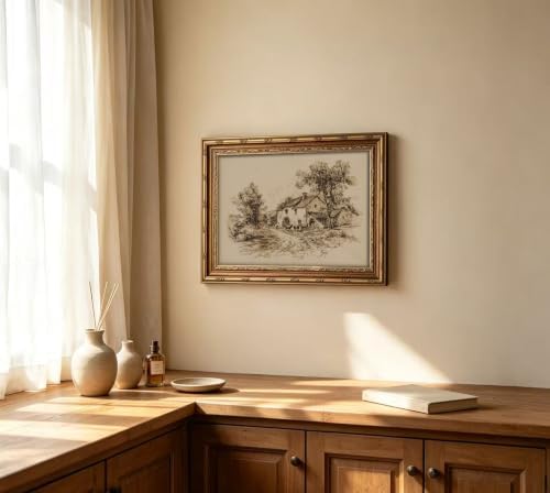 Vintage Gold Framed Farmhouse Sketch Wall Art，Retro Country Cottage - Image 3