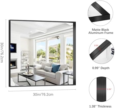 Black Bathroom Mirror, 30x30 Inch Rectangular Framed Mirror, Large Wall Mounted - Image 3