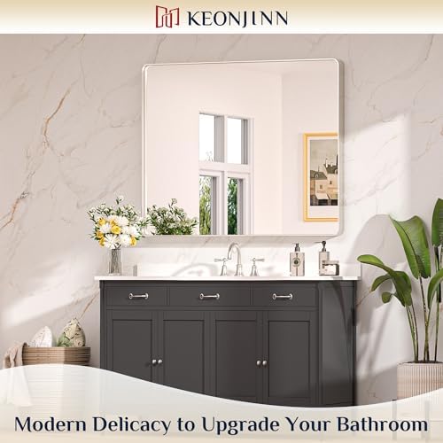 Keonjinn 42 x 36 Inch Brushed Nickel Bathroom Vanity Mirror, Tempered Glass - Image 2